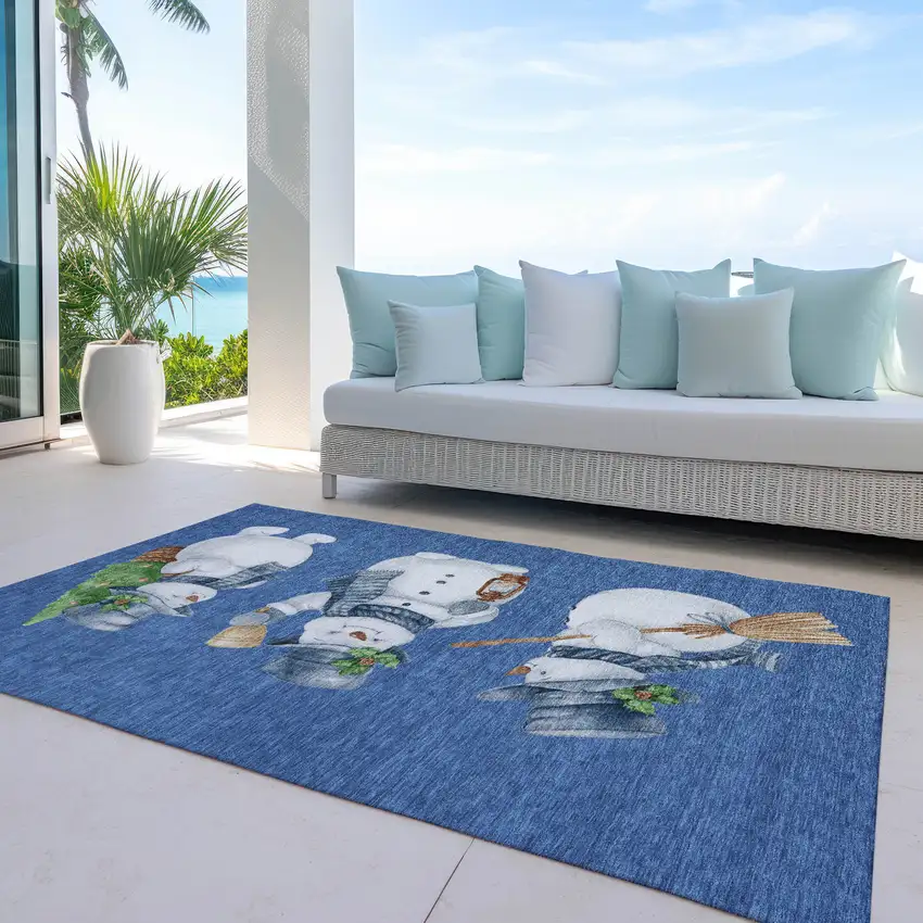 Navy Blue Denim Blue And Ivory Snowmen Washable Indoor Outdoor Area Rug Photo 5