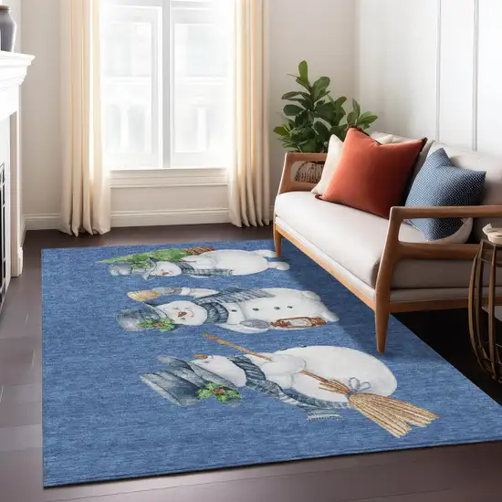 Navy Blue Denim Blue And Ivory Snowmen Washable Indoor Outdoor Area Rug Photo 7
