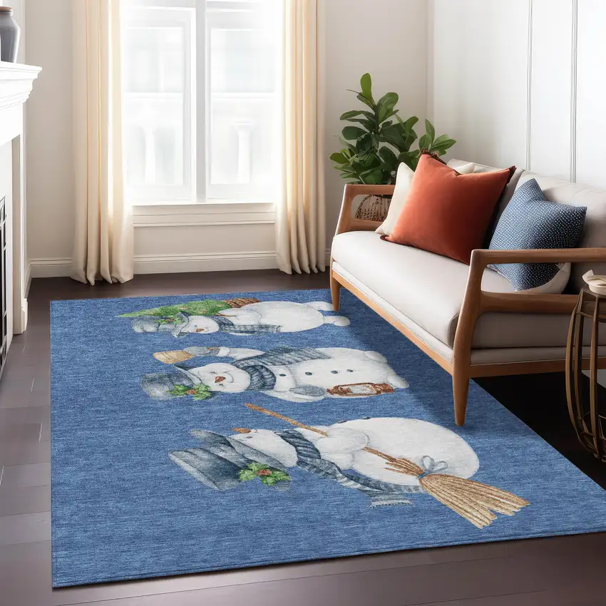 Navy Blue Denim Blue And Ivory Snowmen Washable Indoor Outdoor Area Rug Photo 7