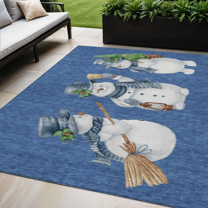 Navy Blue Denim Blue And Ivory Snowmen Washable Indoor Outdoor Area Rug Photo 1