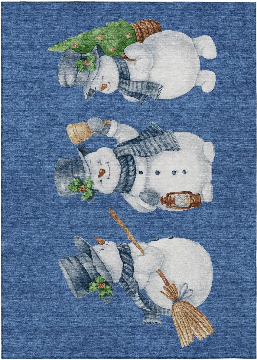 Navy Blue Denim Blue And Ivory Snowmen Washable Indoor Outdoor Area Rug Photo 2
