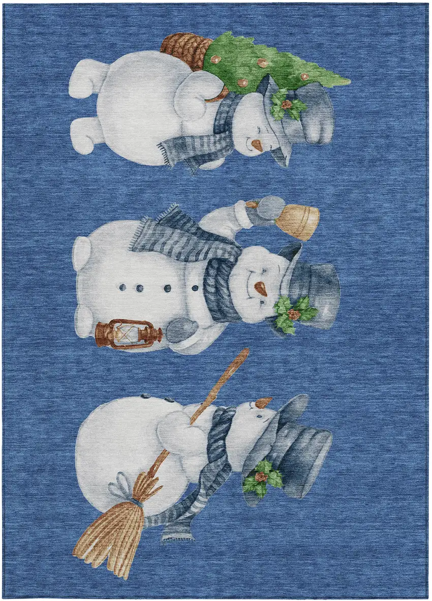 Navy Blue Denim Blue And Ivory Snowmen Washable Indoor Outdoor Area Rug Photo 3