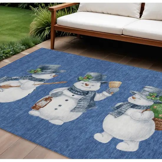 Navy Blue Denim Blue And Ivory Snowmen Washable Indoor Outdoor Area Rug Photo 1