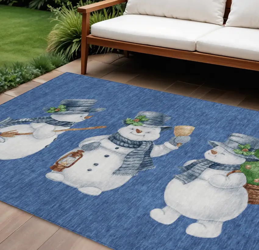 Navy Blue Denim Blue And Ivory Snowmen Washable Indoor Outdoor Area Rug Photo 1