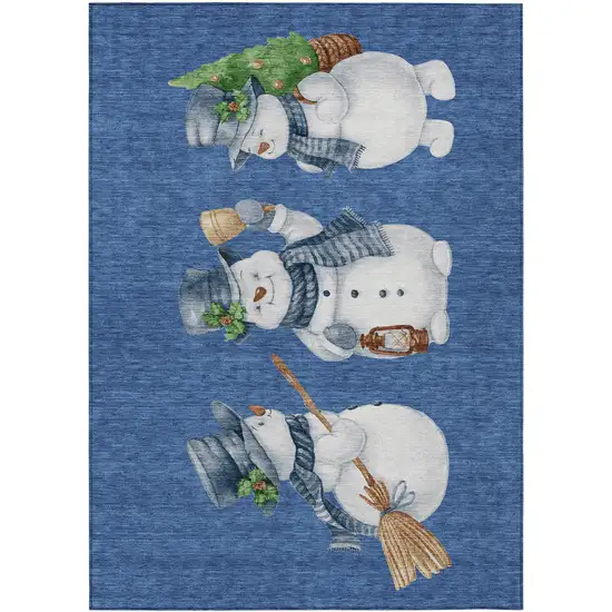 Navy Blue Denim Blue And Ivory Snowmen Washable Indoor Outdoor Area Rug Photo 2