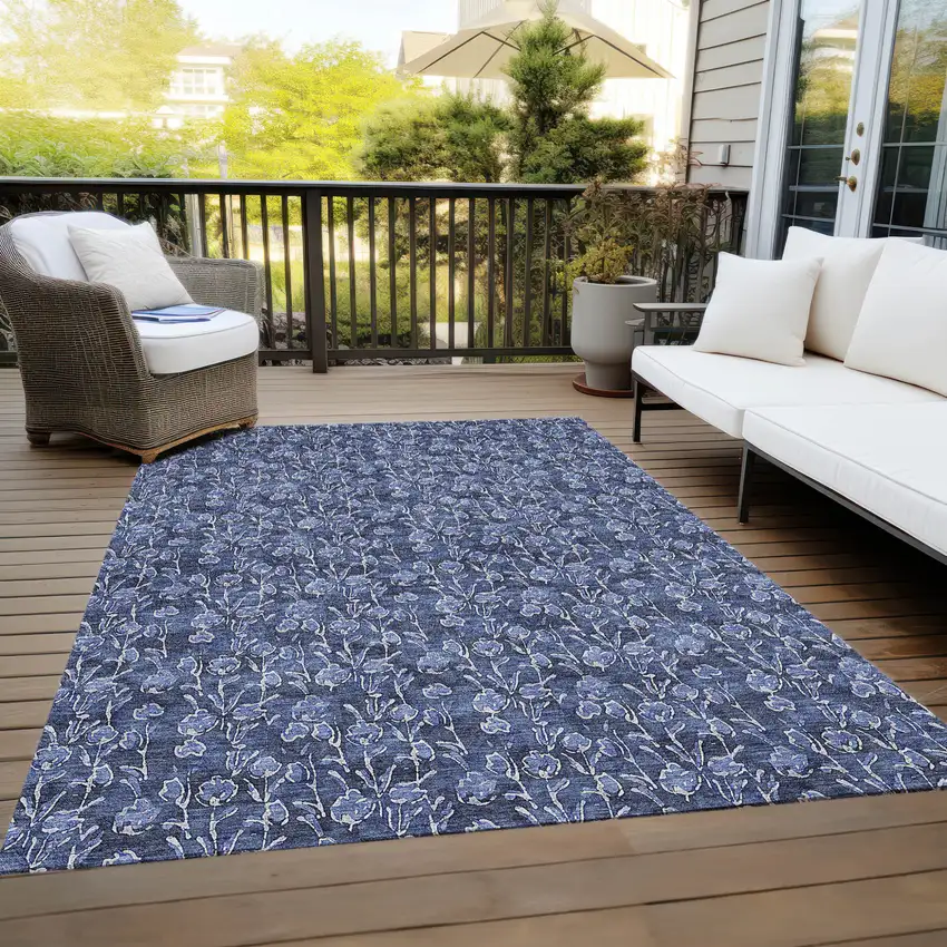 Navy Blue Denim Blue And Ivory Floral Washable Indoor Outdoor Area Rug Photo 9