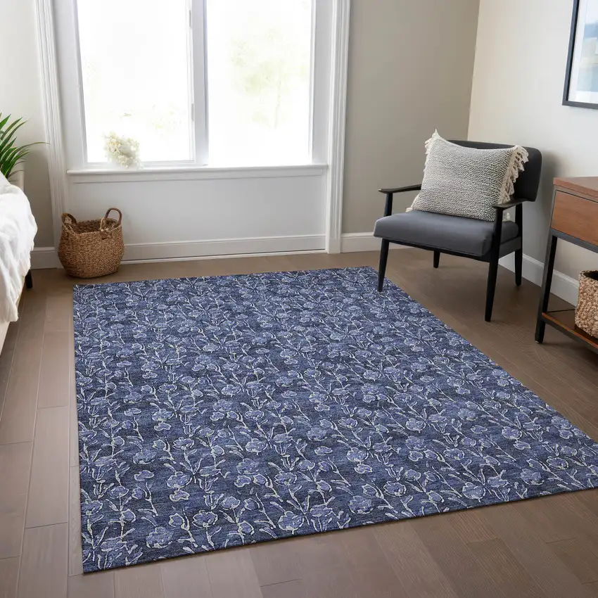 Navy Blue Denim Blue And Ivory Floral Washable Indoor Outdoor Area Rug Photo 8