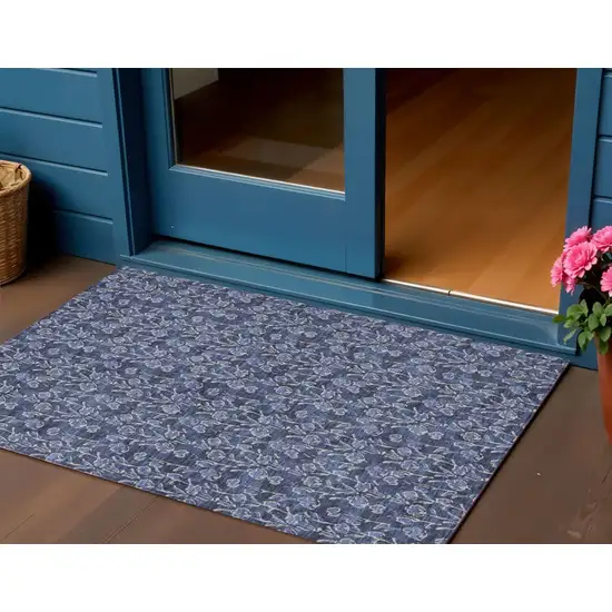Navy Blue Denim Blue And Ivory Floral Washable Indoor Outdoor Area Rug Photo 1