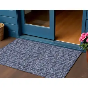 Photo of Navy Blue Denim Blue And Ivory Floral Washable Indoor Outdoor Area Rug