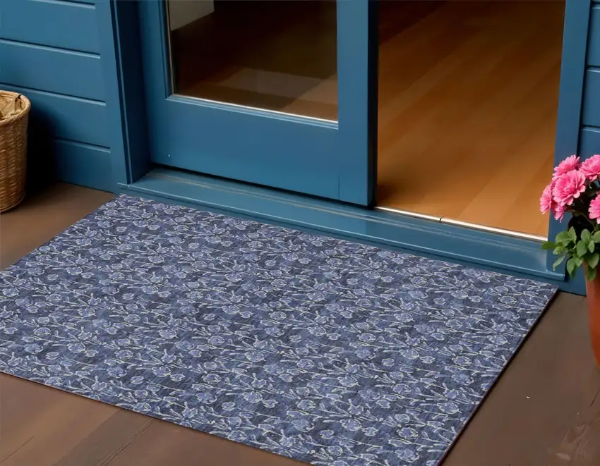 Navy Blue Denim Blue And Ivory Floral Washable Indoor Outdoor Area Rug Photo 1