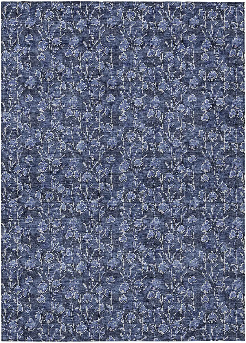 Navy Blue Denim Blue And Ivory Floral Washable Indoor Outdoor Area Rug Photo 2