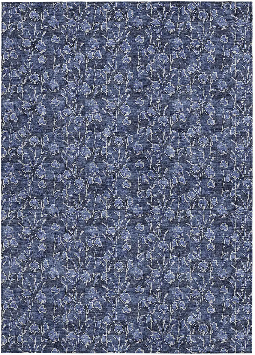 Navy Blue Denim Blue And Ivory Floral Washable Indoor Outdoor Area Rug Photo 6