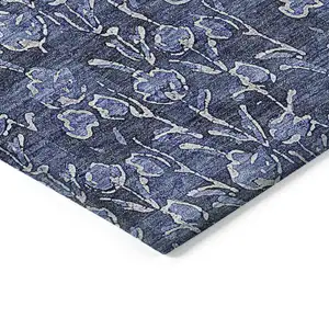 Photo of Navy Blue Denim Blue And Ivory Floral Washable Indoor Outdoor Area Rug