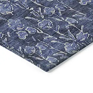 Photo of Navy Blue Denim Blue And Ivory Floral Washable Indoor Outdoor Area Rug