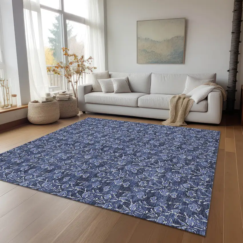 Navy Blue Denim Blue And Ivory Floral Washable Indoor Outdoor Area Rug Photo 9