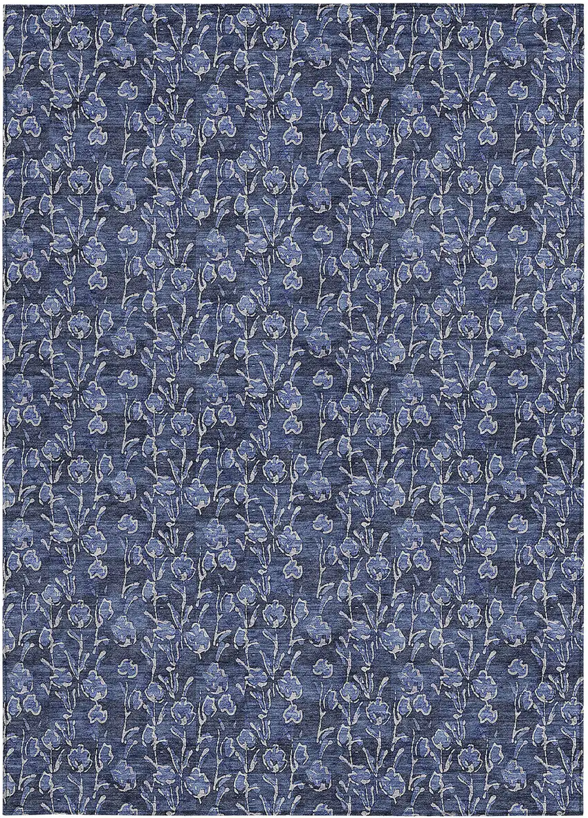 Navy Blue Denim Blue And Ivory Floral Washable Indoor Outdoor Area Rug Photo 6