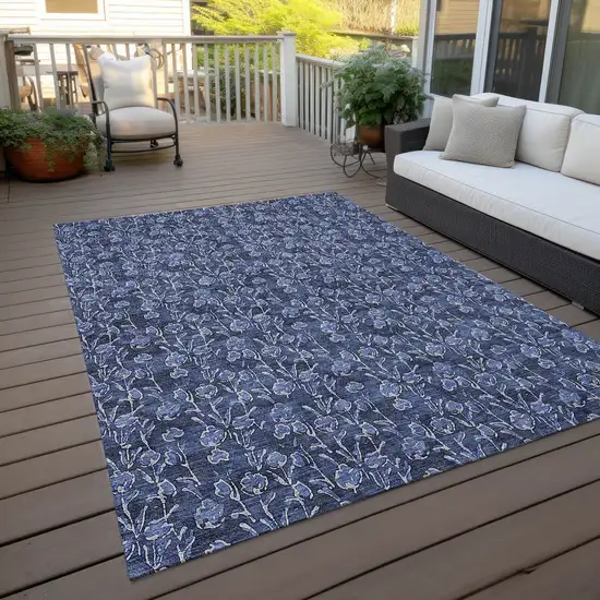 Navy Blue Denim Blue And Ivory Floral Washable Indoor Outdoor Area Rug Photo 7