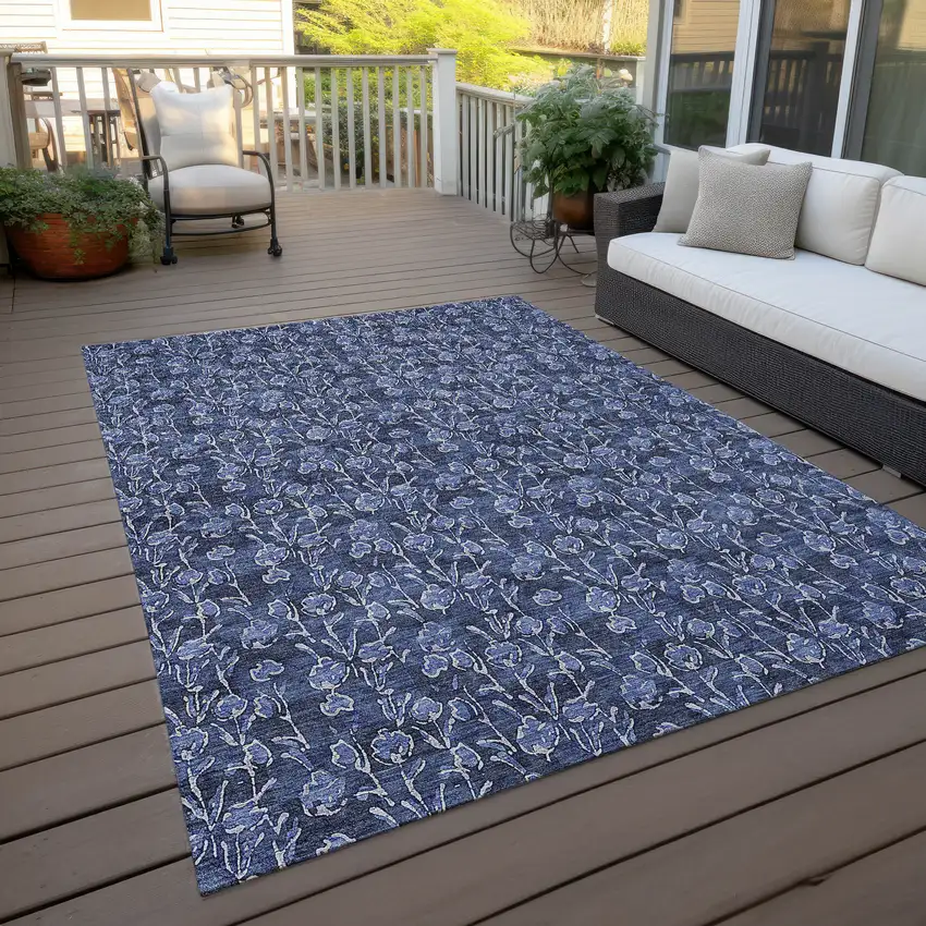 Navy Blue Denim Blue And Ivory Floral Washable Indoor Outdoor Area Rug Photo 7