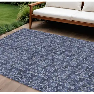 Photo of Navy Blue Denim Blue And Ivory Floral Washable Indoor Outdoor Area Rug