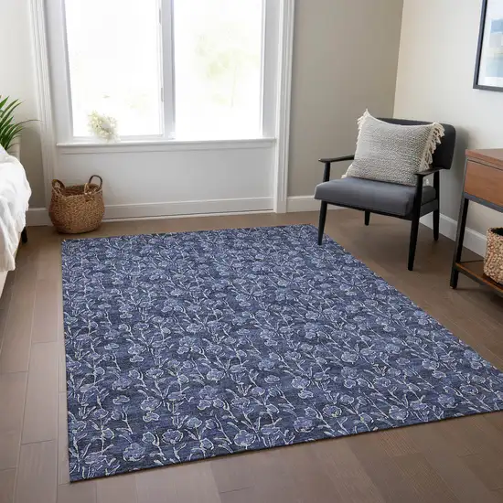 Navy Blue Denim Blue And Ivory Floral Washable Indoor Outdoor Area Rug Photo 8