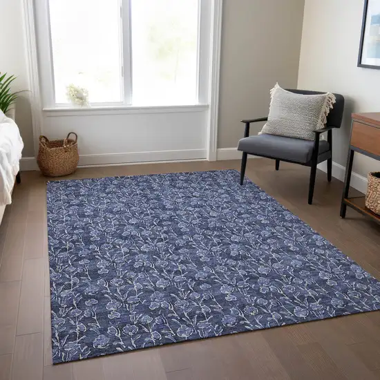 Navy Blue Denim Blue And Ivory Floral Washable Indoor Outdoor Area Rug Photo 8