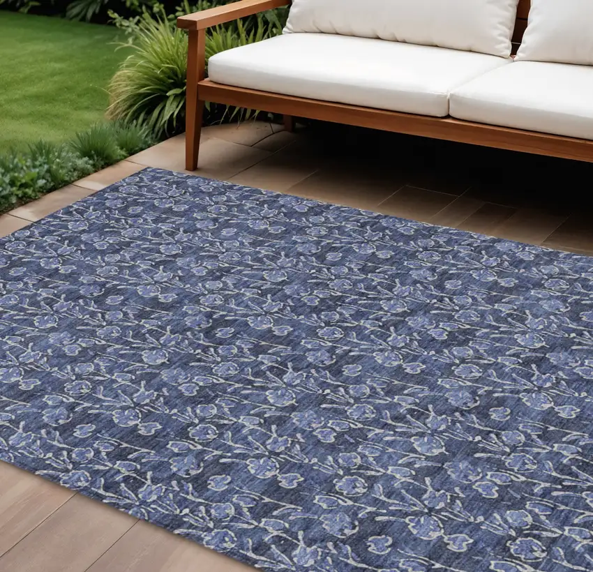 Navy Blue Denim Blue And Ivory Floral Washable Indoor Outdoor Area Rug Photo 1