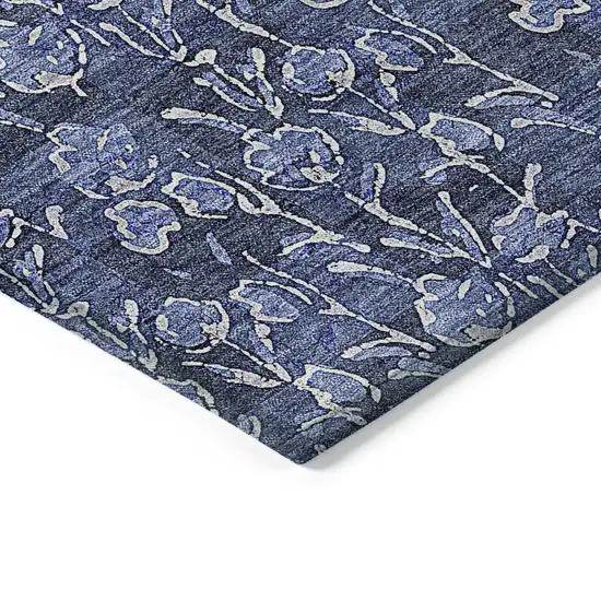 Navy Blue Denim Blue And Ivory Floral Washable Indoor Outdoor Area Rug Photo 4