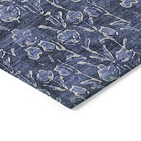 Navy Blue Denim Blue And Ivory Floral Washable Indoor Outdoor Area Rug Photo 4