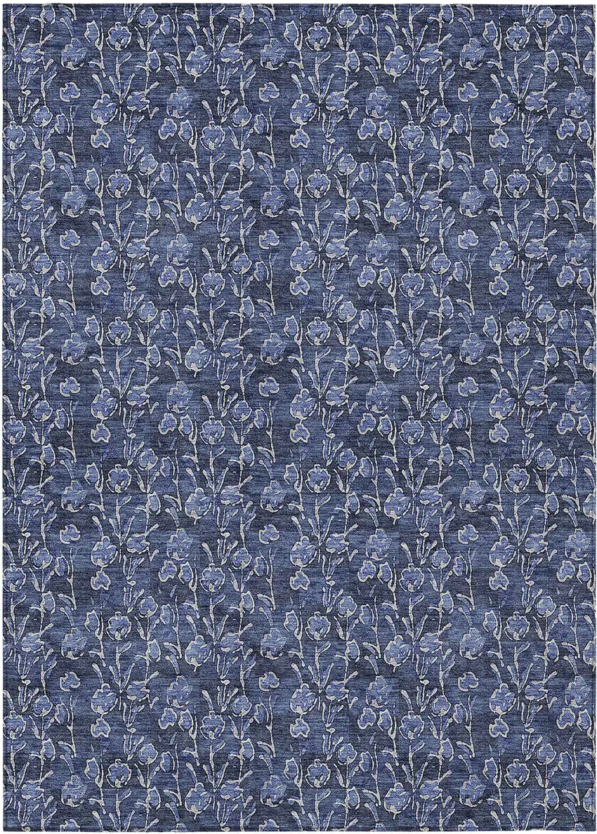 Navy Blue Denim Blue And Ivory Floral Washable Indoor Outdoor Area Rug Photo 2
