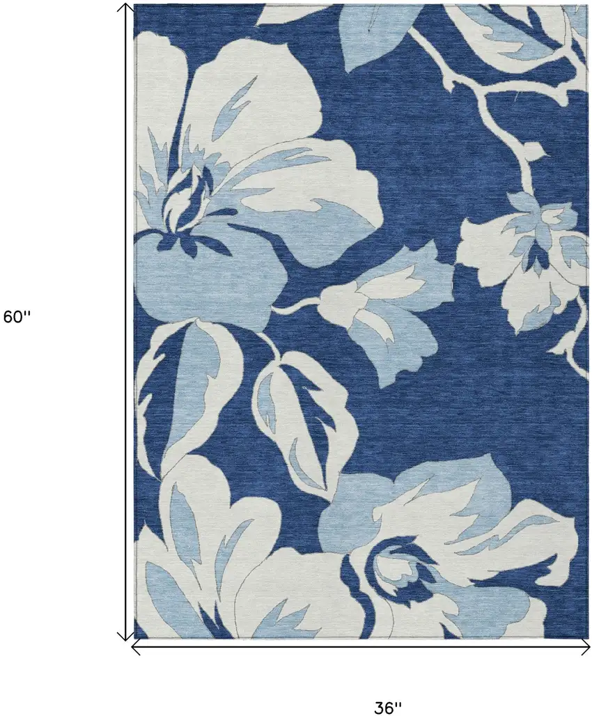 Navy Blue Denim Blue And Ivory Floral Washable Indoor Outdoor Area Rug Photo 3