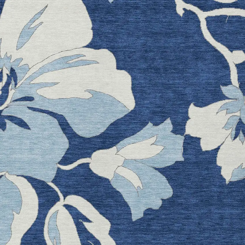 Navy Blue Denim Blue And Ivory Floral Washable Indoor Outdoor Area Rug Photo 7