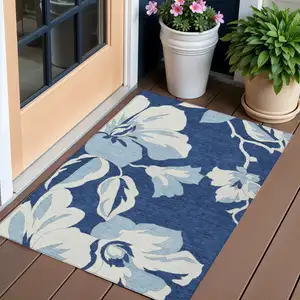 Photo of Navy Blue Denim Blue And Ivory Floral Washable Indoor Outdoor Area Rug