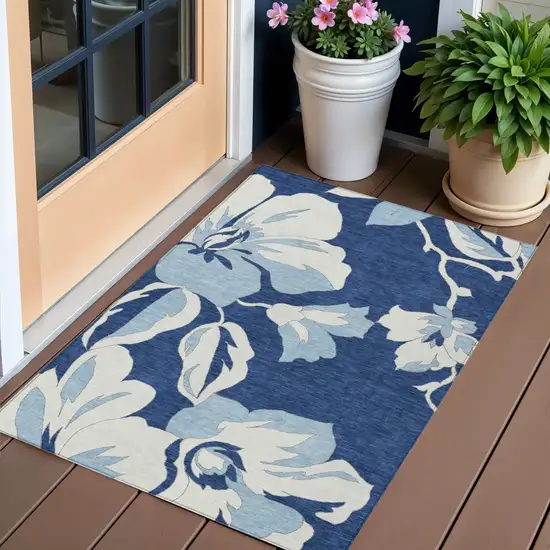 Navy Blue Denim Blue And Ivory Floral Washable Indoor Outdoor Area Rug Photo 1