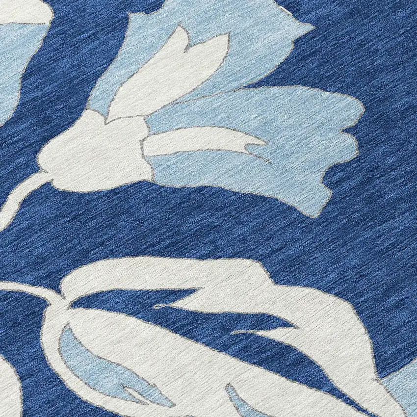 Navy Blue Denim Blue And Ivory Floral Washable Indoor Outdoor Area Rug Photo 6