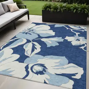 Photo of Navy Blue Denim Blue And Ivory Floral Washable Indoor Outdoor Area Rug