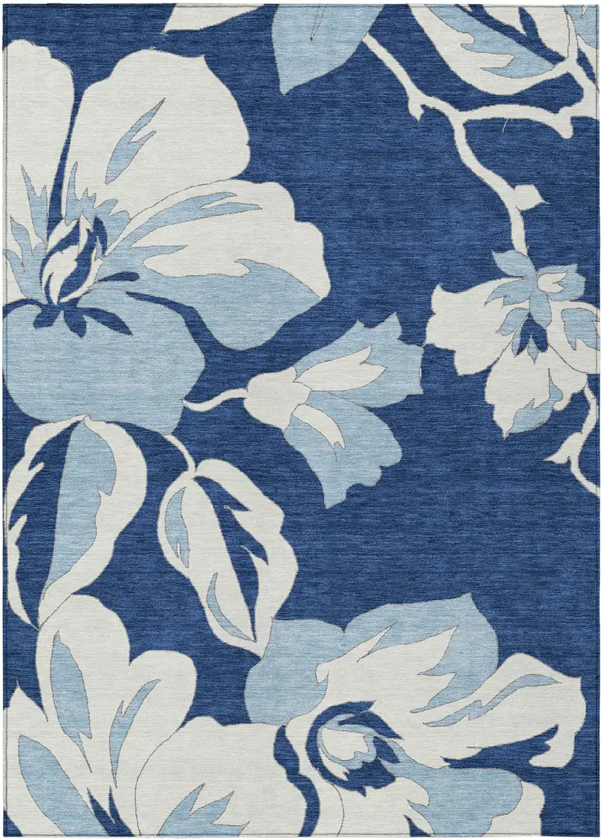 Navy Blue Denim Blue And Ivory Floral Washable Indoor Outdoor Area Rug Photo 2