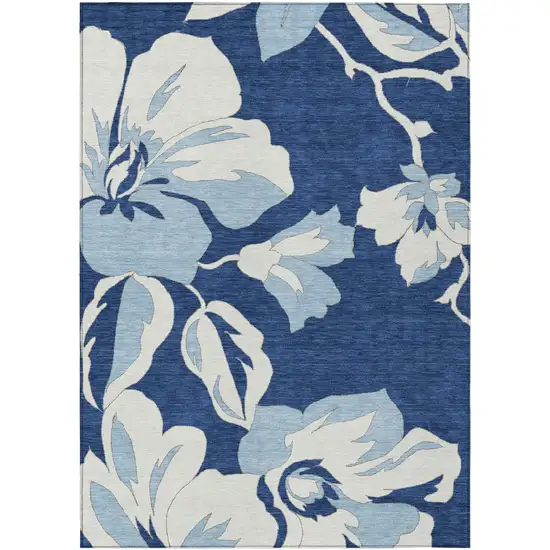 Navy Blue Denim Blue And Ivory Floral Washable Indoor Outdoor Area Rug Photo 2