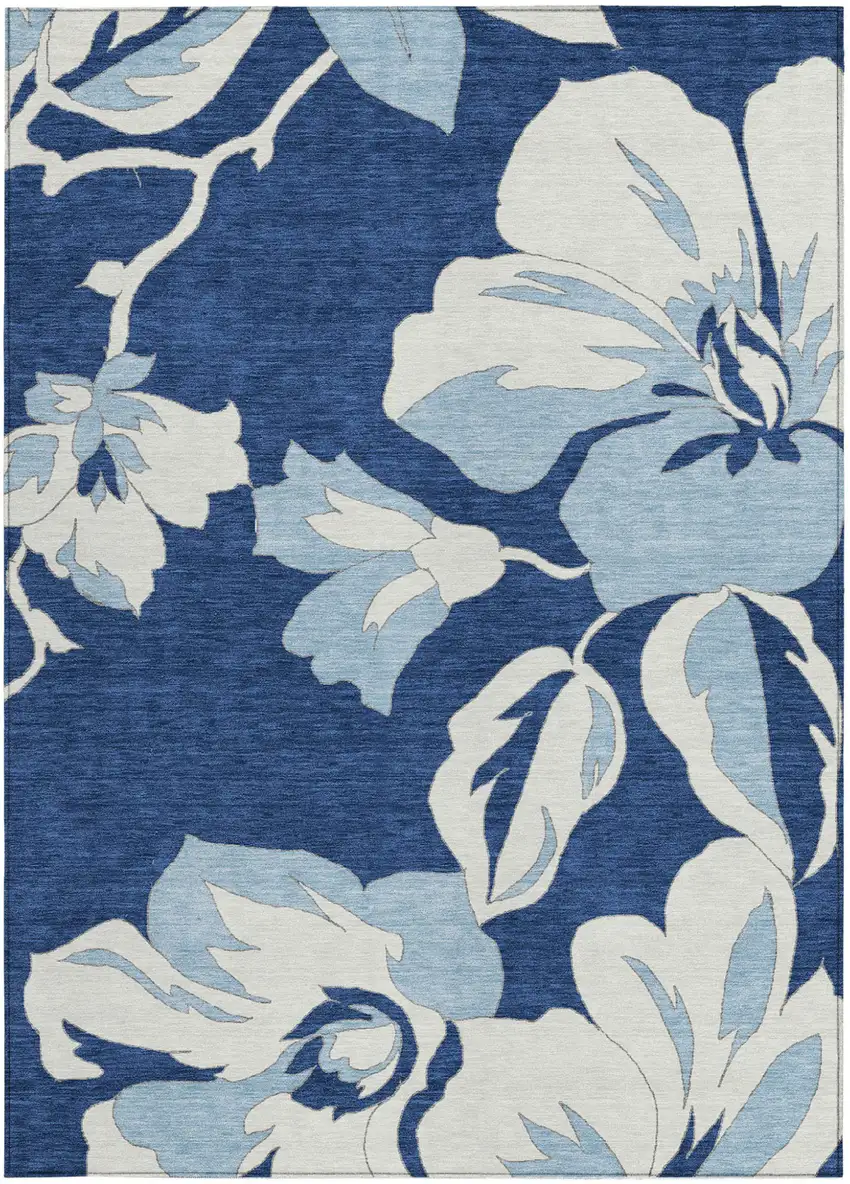 Navy Blue Denim Blue And Ivory Floral Washable Indoor Outdoor Area Rug Photo 8