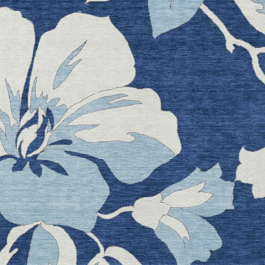 Navy Blue Denim Blue And Ivory Floral Washable Indoor Outdoor Area Rug Photo 7