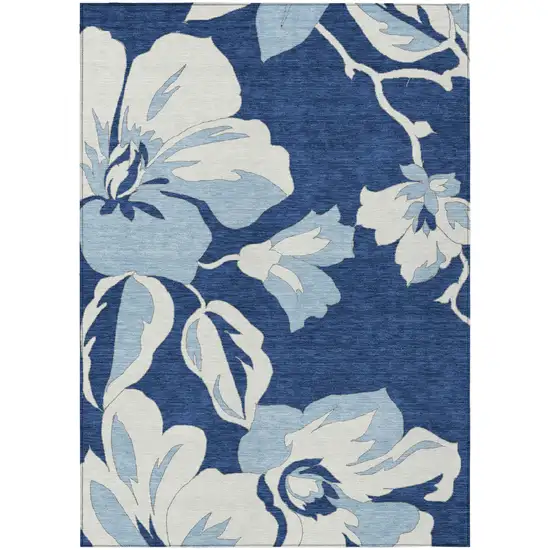 Navy Blue Denim Blue And Ivory Floral Washable Indoor Outdoor Area Rug Photo 2