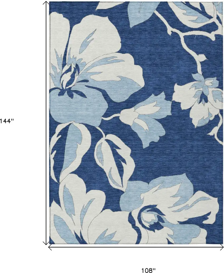 Navy Blue Denim Blue And Ivory Floral Washable Indoor Outdoor Area Rug Photo 3