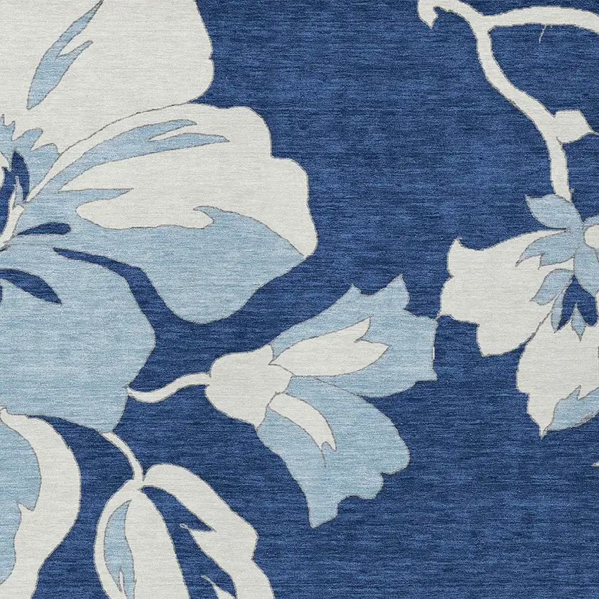 Navy Blue Denim Blue And Ivory Floral Washable Indoor Outdoor Area Rug Photo 7