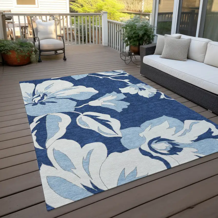 Navy Blue Denim Blue And Ivory Floral Washable Indoor Outdoor Area Rug Photo 9