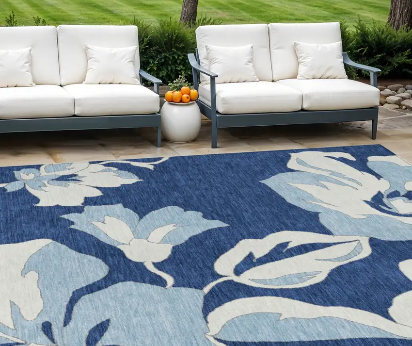 Navy Blue Denim Blue And Ivory Floral Washable Indoor Outdoor Area Rug Photo 1