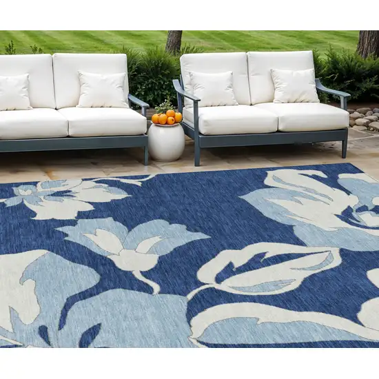Navy Blue Denim Blue And Ivory Floral Washable Indoor Outdoor Area Rug Photo 1