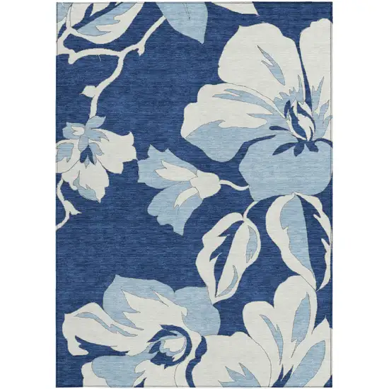 Navy Blue Denim Blue And Ivory Floral Washable Indoor Outdoor Area Rug Photo 8