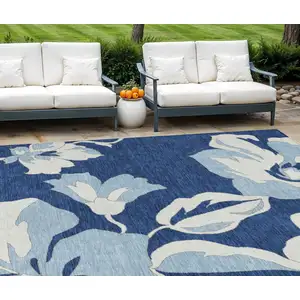 Photo of Navy Blue Denim Blue And Ivory Floral Washable Indoor Outdoor Area Rug