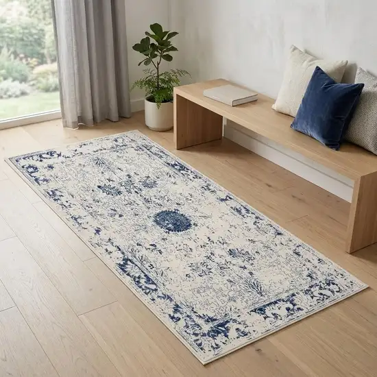 Navy Blue Distressed Floral Area Rug Photo 1