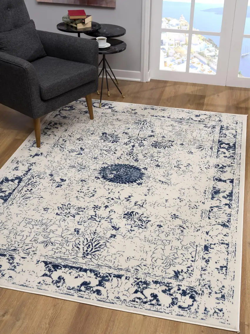 Navy Blue Distressed Floral Area Rug Photo 6