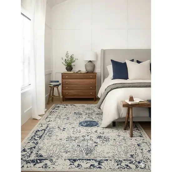 Navy Blue Distressed Floral Area Rug Photo 8